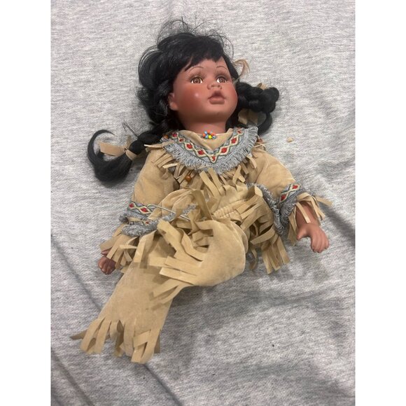 Cathy Collection Native American Porcelain Doll Black Hair Brown Dress - Picture 1 of 9